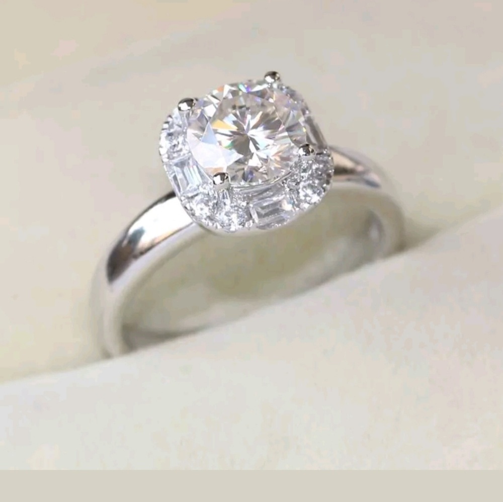 Sterling Silver Halo Solitaire Ring with Clear Center Stone